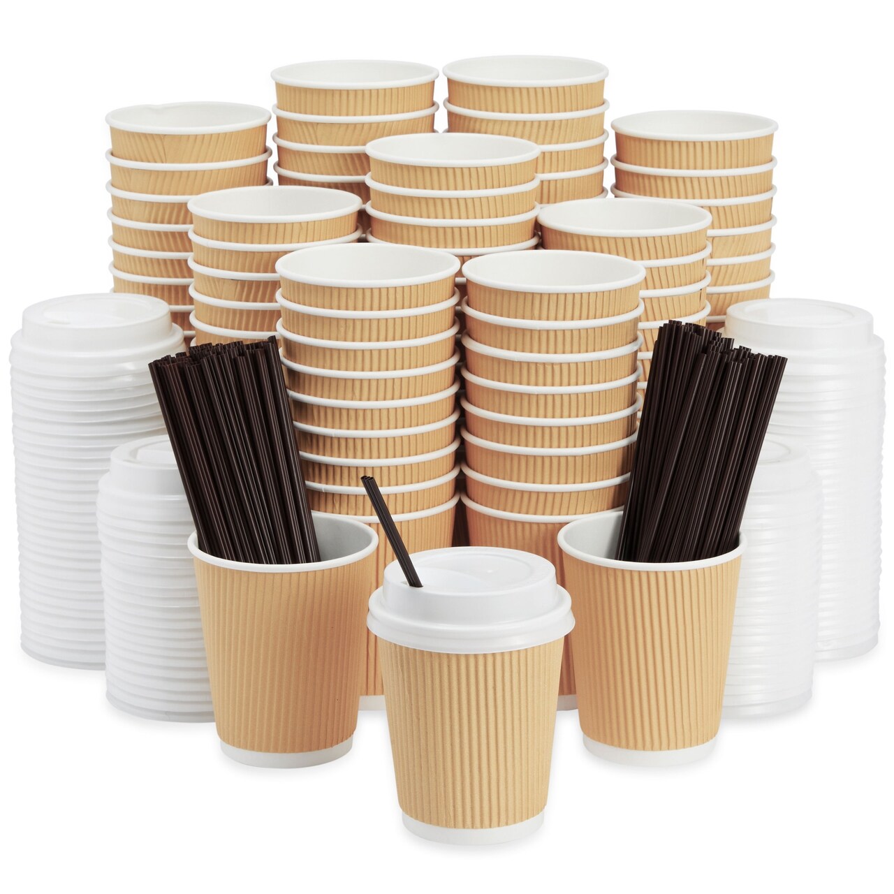 100 Pack 8 oz Insulated Disposable Coffee Cups with Lids - Kraft Paper Cup with Stirring Straws for Hot Drinks, Beverages